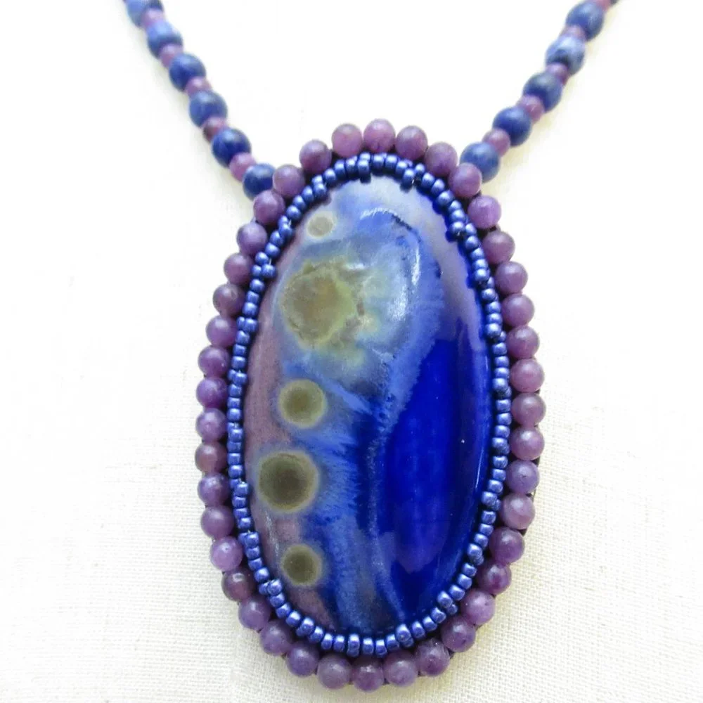 Artisan Bead embroidered cabochon on Sodalite and Lepidolite necklace